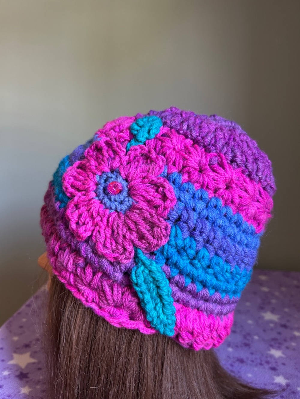 Handmade Multicolor Crochet Flower Beanie - Pink, Purple & Blue medium acrylic